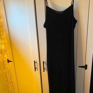 Beautiful floor length spaghetti strap black sparkle dress with slit up the back